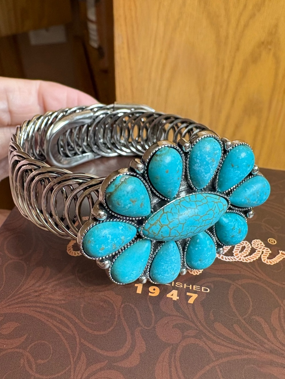 Turquoise Cluster Statement Cuff Bracelets - Silver Tone